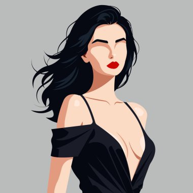  Çıplak omuzları ve kalın yakalı zarif siyah elbisesi olan, soyut yüzlü, güzel, seksi bir kadının düz moda çizimi..