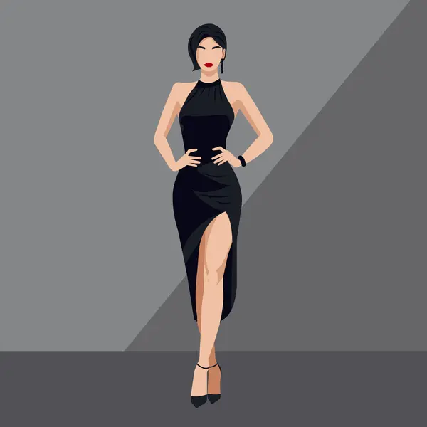 stock vector Vector flat fashion illustration of a beautiful sexy woman with an abstract face in an elegant black dress with bare shoulders and a slit on the leg.