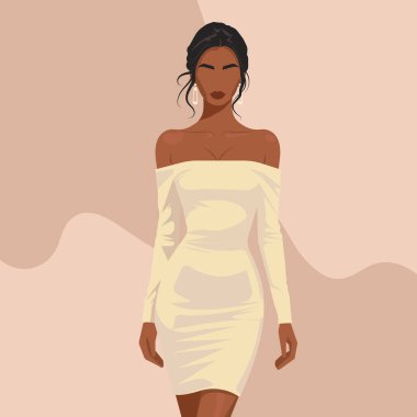 Uzun kollu ve çıplak omuzlu zarif beyaz elbiseli, soyut yüzlü seksi bir Afrikalı kadının düz moda temsili. Doğal gölgelerde stil sanatı