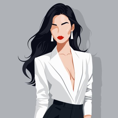 Modern seksi bir kadının gösterişli bir ceketi ve soyut bir yüzü var..