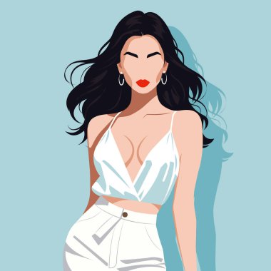 Modern seksi genç bir kadının kısa tişörtlü ve şortlu, soyut yüzlü, düz moda çizimi..