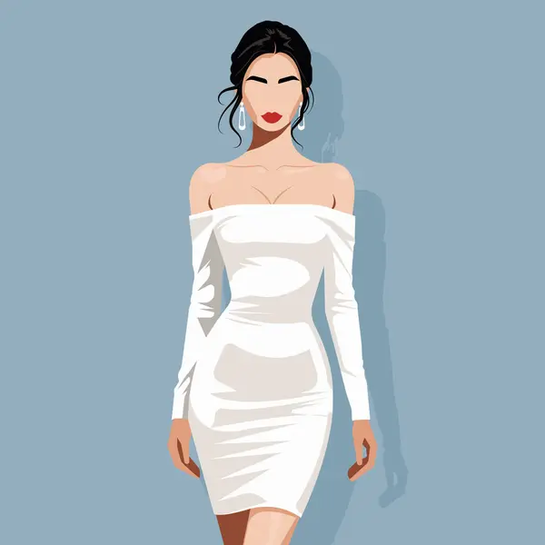 Stock vector Vector flat fashion illustration of a sexy young woman with an abstract face in an elegant white dress with long sleeves and bare shoulders.