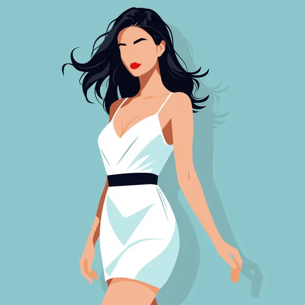 Çıplak omuzlu, kısa bir elbise giyen, soyut yüzlü, modern, seksi genç bir kadının düz moda çizimi..