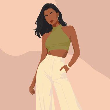 Geniş bel ve geniş bel pantolon giyen güzel seksi bir Afrikalı kadının düz moda çizimi. Doğal pastel tonlarda bir resim..
