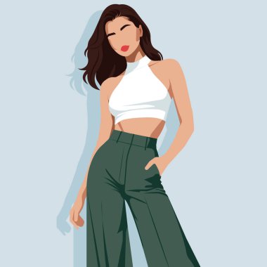 Geniş bel pantolon ve kırbaç bluzu giyen güzel, seksi, genç bir kadının düz moda çizimi..