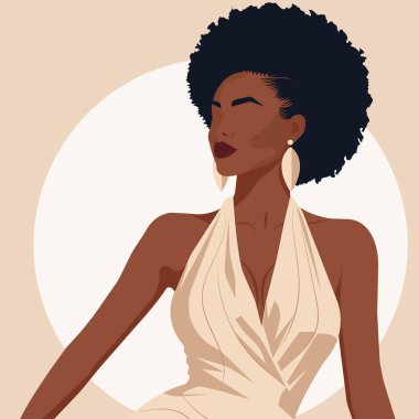 Çıplak omuzlu, zarif bir elbise giymiş, modern seksi Afrikalı bir kadının düz moda yansıması..