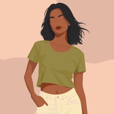 Soyut yüzlü, rahat bir tişört ve şort giyen güzel bir Afrikalı kadının düz moda çizimi. Tarafsız renklerde stil sanatı.