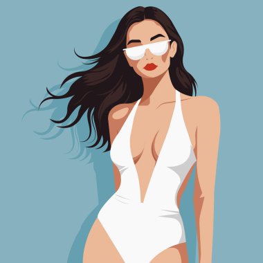 Koyu yakalı ve şık güneş gözlüklü, mayolu seksi bir genç kızın düz moda çizimi..