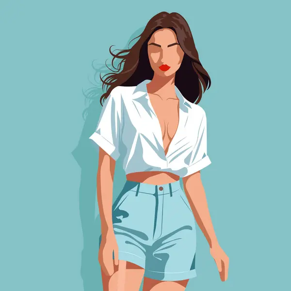 Kısa beyaz gömlek ve kot şort giyen, soyut yüzlü genç bir kadının düz moda yansıması..