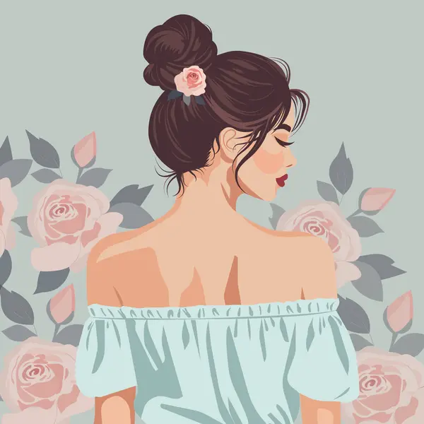 Dağınık bir topuzu ve kafasında çiçekli bir çiçekle, çiçekli arka planda çıplak omuzları olan zarif bir elbise giyen genç ve güzel bir kadının vektör düz moda çizimi. Arka plan.