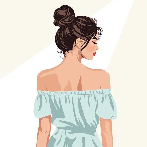 Kafasında dağınık bir saç yumağı olan, çıplak omuzlu, zarif bir elbise giyen genç ve güzel bir kadının vektör düz moda çizimi. Arka plan.
