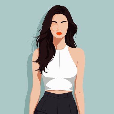 Tarz biçimli bluz ve siyah pantolon giyen güzel bir genç kadının düz moda çizimi..