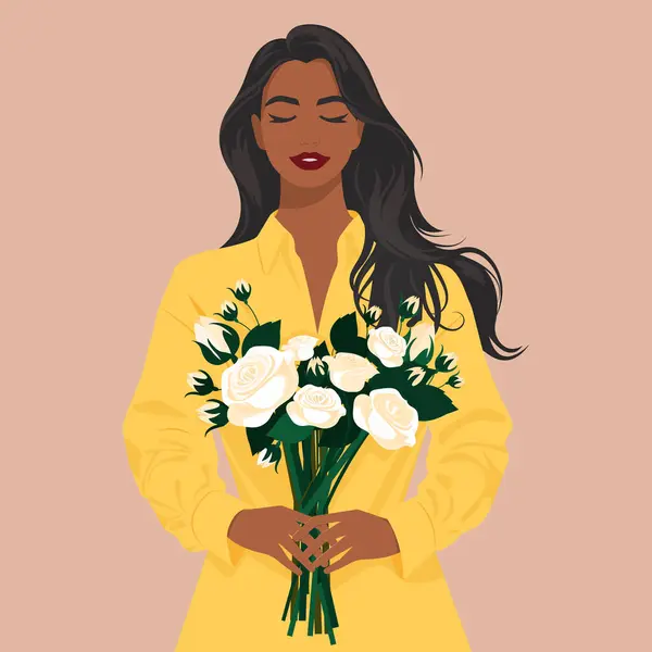 Beyaz güllerle süslü zarif bir Afrikalı kızın düz moda temsili. Doğal gölgelerde modern sanat.