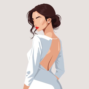 Zarif bir sırt dekolteli gelinlik içinde soyut bir yüze sahip güzel bir gelinin özel vektör moda tasviri. Arka plan.