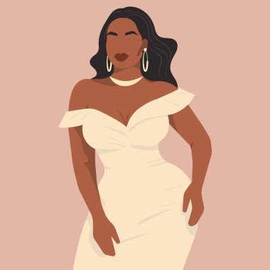 Çıplak omuzlu zarif bir gelinlik içinde güzel kıvrımlı bir Afrikalı gelinin vektör moda tasviri.