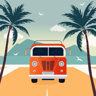 Sahil yolunda bir turist otobüsünün vektör düz çizimi.