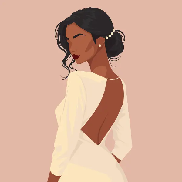 Zarif, sırt dekolteli bir gelinlik içinde soyut bir yüze sahip güzel bir Afrikalı gelinin özel vektör tasviri. Arkadan bak. Tarafsız gölgelerde stil sanatı.