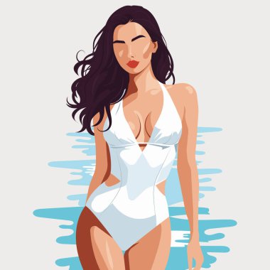 Plajda şık bir beyaz mayo giymiş genç ve seksi bir kadının düz moda çizimi..