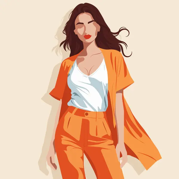 Rahat yaz kıyafetleri içindeki genç ve güzel bir bayanın düz moda çizimi..