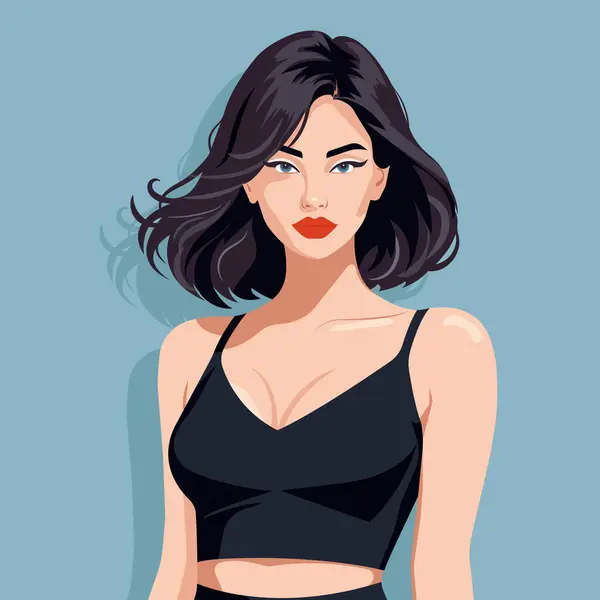 Kısa spor bluzu ve taytlı seksi bir kadının düz moda çizimi..