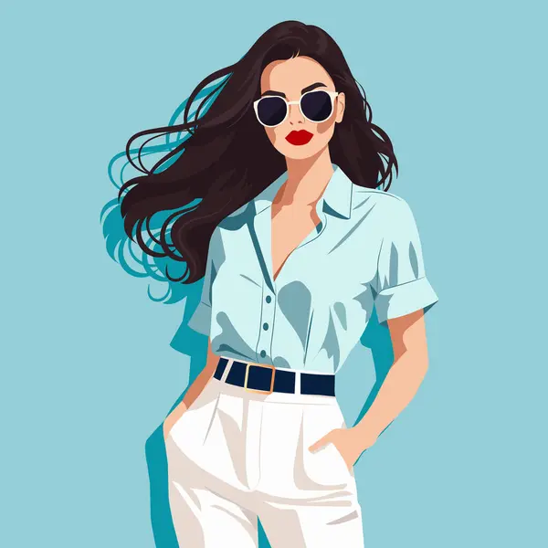 Güneş gözlüklü, şık bir klasik gömlek ve pantolon giyen kendine güvenen genç bir kadının vektör moda çizimi. Modern kadın patron..