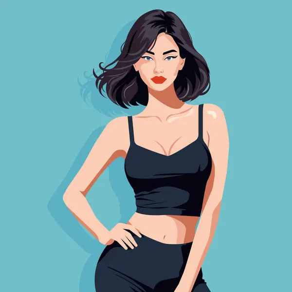 Siyah kısa spor tişörtlü ve tozlu seksi bir kadının düz moda illüstrasyonu..