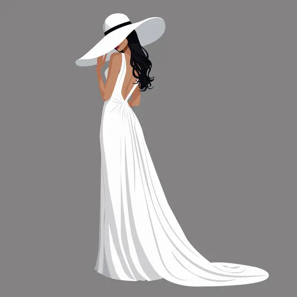Geniş şapkalı, zarif bir gelinlik ve uzun trenli zarif bir gelin figürü..