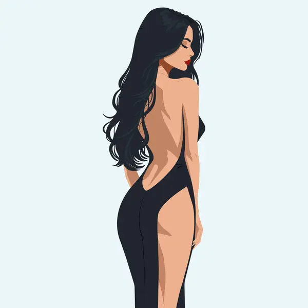 Bacağında kesik olan, stil sahibi, sırt dekoltesi olmayan seksi bir kızın düz moda çizimi. Arka plan.