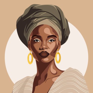 Ulusal başlıklı genç bir Afrikalı kadının gerçekçi portresi. Doğal gölgelerde stil sanatı.