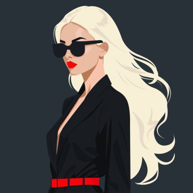 Koyu yakalı ve güneş gözlüklü, şık, siyah elbiseli, seksi, sarışın bir kadının....