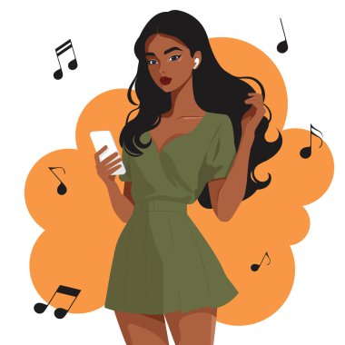 Elinde akıllı bir telefon ve kulaklıkla müzik dinleyen kısa elbiseli güzel bir kızın vektör düz çizimi..