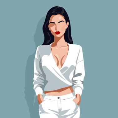 Gösterişli beyaz elbiseli seksi genç bir kadının düz moda çizimi..