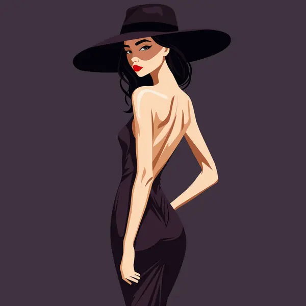 Şık şapkalı ve sırt dekolteli zarif genç bir bayanın düz moda temsili. Arka plan.