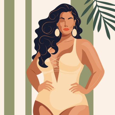 A fat woman with a beautiful figure in a stylish beige swimsuit. Flat vector, fashion illustration. Hand drawing. clipart