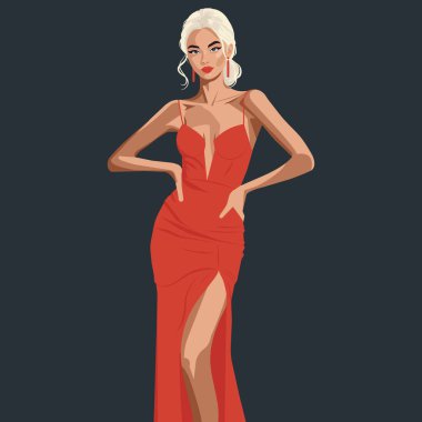 Zarif kırmızı elbiseli, omuzları çıplak ve bacağı kesik sarışın bir kadın. Düz moda illüstrasyonu, vektör.