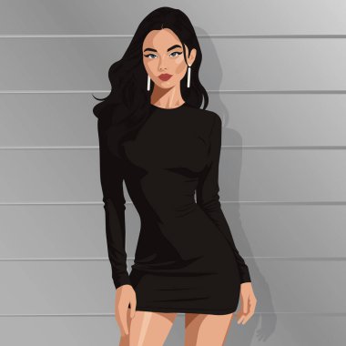 Uzun kollu, kısa siyah elbiseli güzel bir kadın. Moda çizimi, düz vektör..
