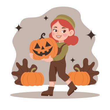 Neşeli bir çizgi film karakteri, bereli kızıl saçlı bir kız elinde tüyler ürpertici bir Cadılar Bayramı feneri tutuyor. Vektör düz çizim. İllüstrasyonu yaratmak için yapay zeka kullanılmadı..