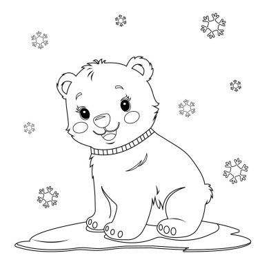 Sıcak bir eşarba sarılmış, buz kütlesindeki neşeli, arkadaş canlısı bir kutup ayısının boyama sayfası. Vektör el çizimi.