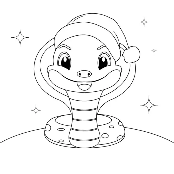 stock vector  Coloring page of a funny friendly snake wearing a Santa hat. Vector outline drawing.