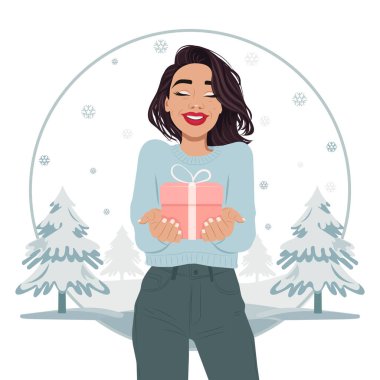 Ellerinde Noel hediyesi tutan rahat örgü kazaklı güzel, mutlu genç bir kadın. Vektör düz resimleme.