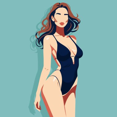  Şık bir mayo içinde harika bir fiziği olan çekici genç bir kadın. Vektör düz moda illüstrasyonu.
