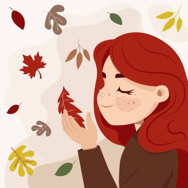 Düşüncesiz, kızıl saçlı, çilli bir kız, sonbahar yapraklarını elleriyle yakalar. Vektör düz çizgi film illüstrasyonu.