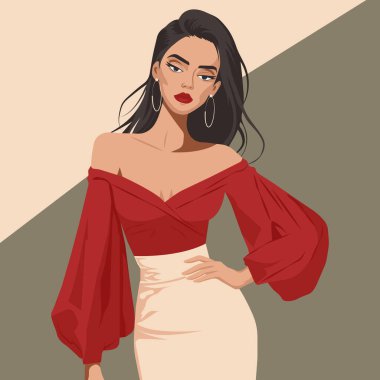 Çıplak omuzları ve dar eteği olan zarif kırmızı bluzlu hoş bir genç bayan. Vektör, düz moda çizimi.