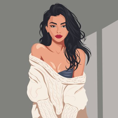 Uzun siyah saçlı, kalın örgü süveter giyen genç ve güzel bir kadın..