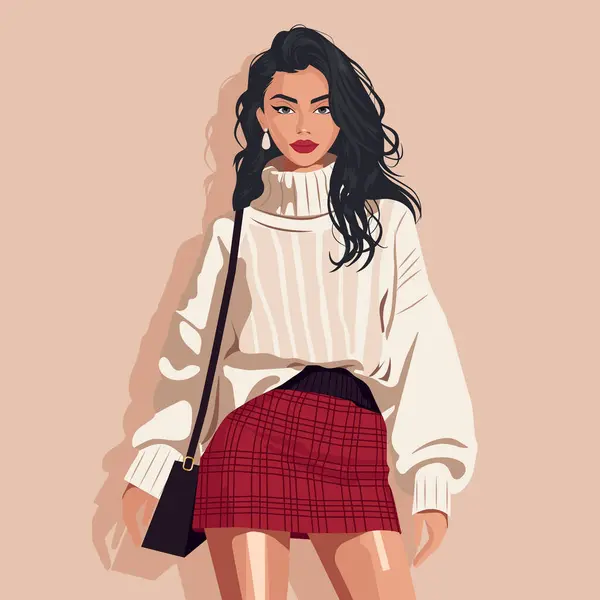 Sıcak örülmüş büyük boy kazak ve kısa yün mini etek giyen güzel bir genç kadın. Moda illüstrasyonu, düz vektör.