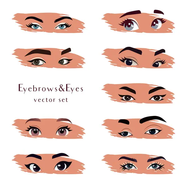 Gerçekçi ve çizgi filmlerdeki kadın kaşları ve gözleri farklı açılardan ve farklı duygulardan. Vektör seti.
