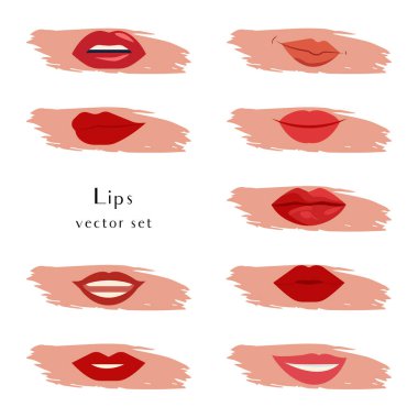 Gerçekçi ve karikatürist kadın dudakları ayrı bir arkaplanda farklı yakın plan pozları veriyor. Vektör.