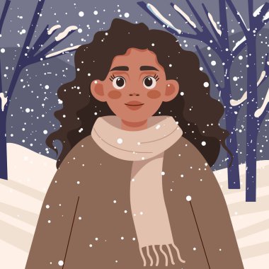 Kış kıyafetleri içinde uzun kıvırcık saçlı güzel bir kadın karlı bir parkta yürüyor. Çizgi film, düz vektör çizimi.