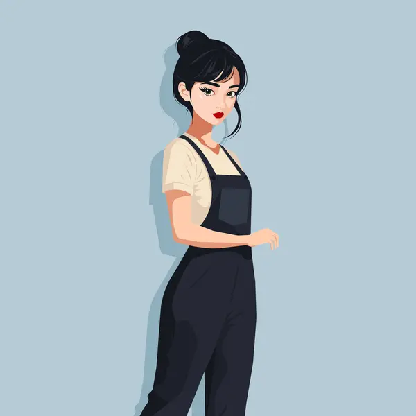 Ev işi için rahat siyah tulumlu, bahçede, serada ya da bahçede çalışan güzel bir genç kadın. Vektör, düz resimleme.