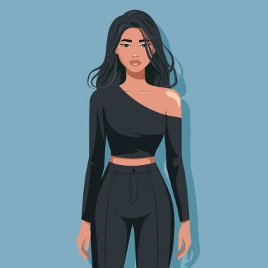 Uzun kollu ve dar taytlı kısa tişörtlü güzel bir kadın. Moda illüstrasyonu, vektör.